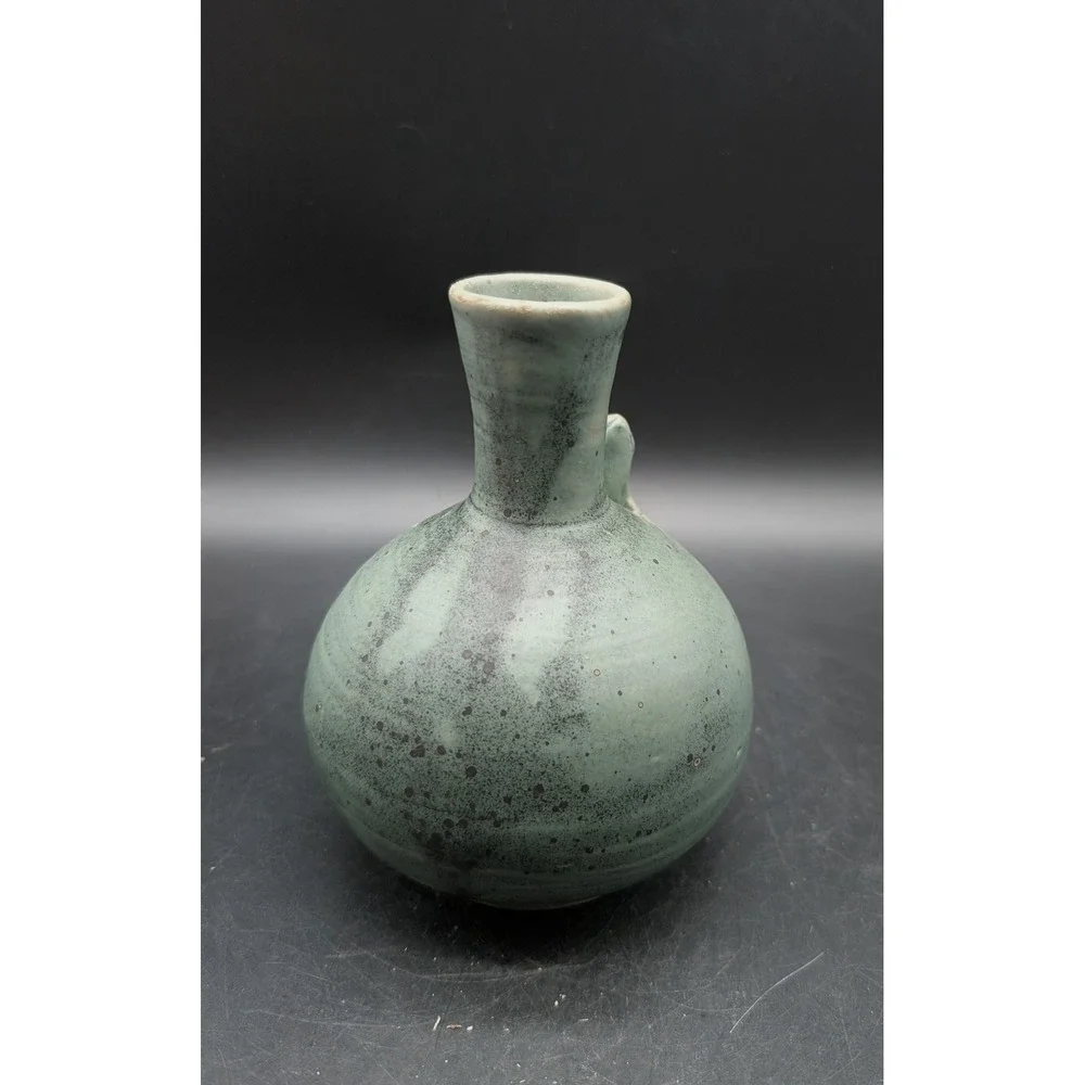Studio Pottery Frog Bud Vase Celadon Green Speckled Glaze Artisan Stoneware 5.5